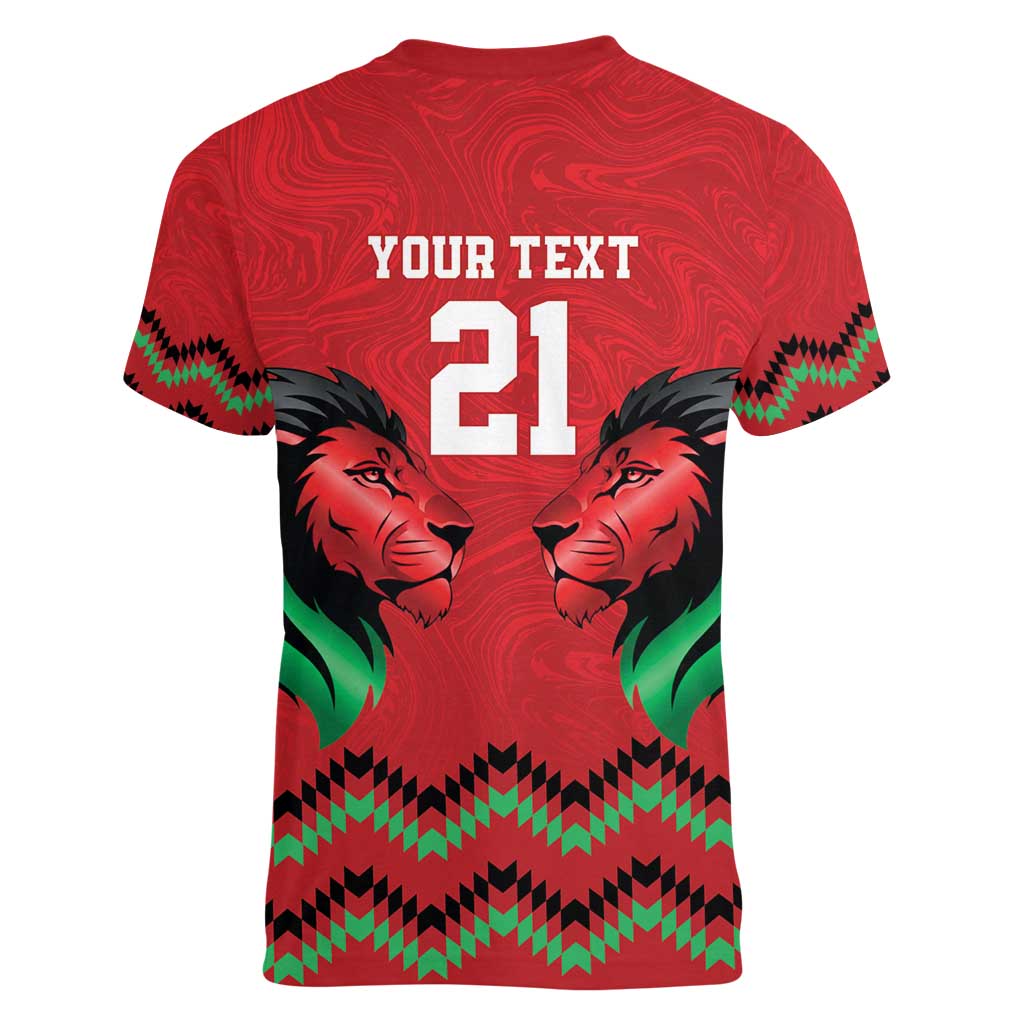 Kenya Cricket Custom Women V-Neck T-Shirt Red Lion Head with Kenyan Pattern - Wonder Print Shop