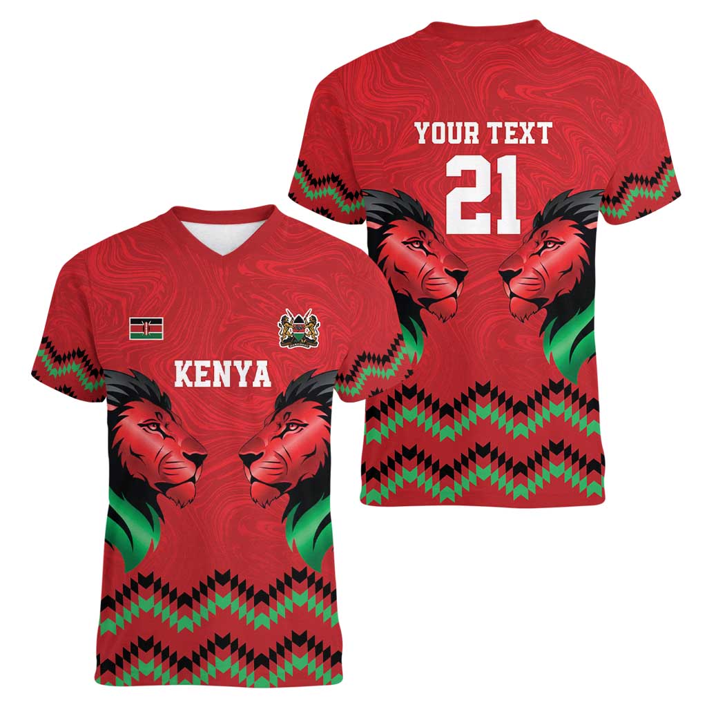 Kenya Cricket Custom Women V-Neck T-Shirt Red Lion Head with Kenyan Pattern - Wonder Print Shop