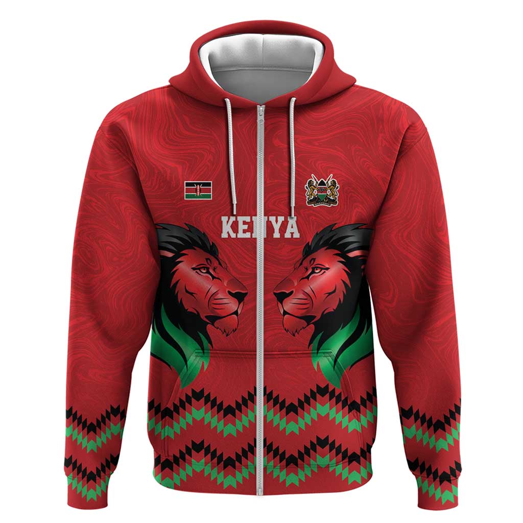 Kenya Cricket Custom Zip Hoodie Red Lion Head with Kenyan Pattern - Wonder Print Shop