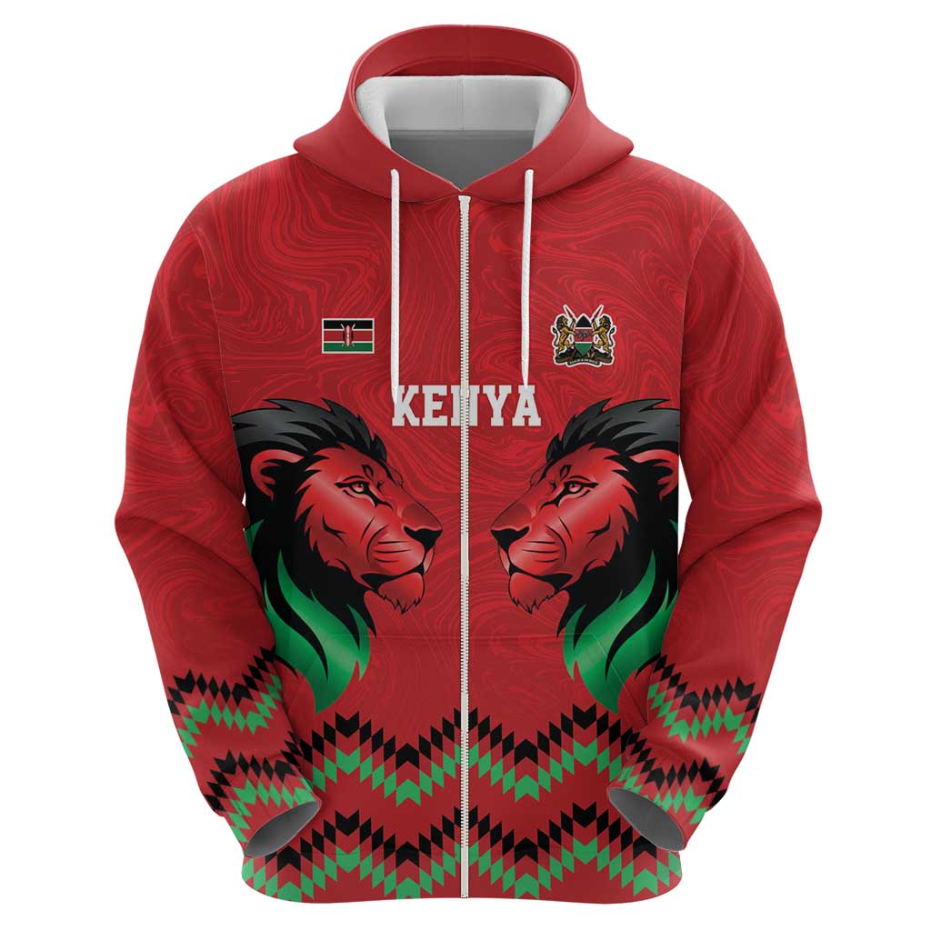 Kenya Cricket Custom Zip Hoodie Red Lion Head with Kenyan Pattern - Wonder Print Shop