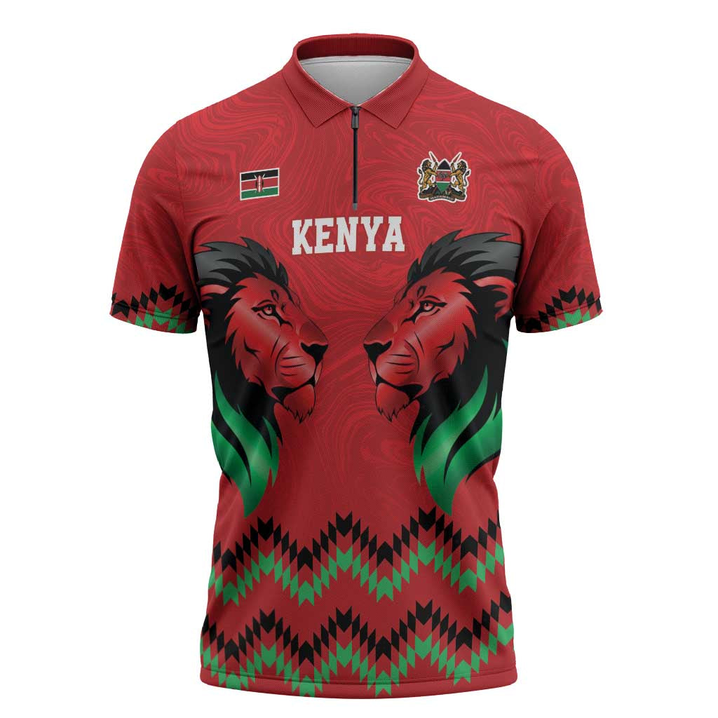 Kenya Cricket Custom Zipper Polo Shirt Red Lion Head with Kenyan Pattern - Wonder Print Shop