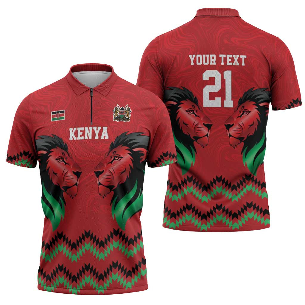Kenya Cricket Custom Zipper Polo Shirt Red Lion Head with Kenyan Pattern - Wonder Print Shop