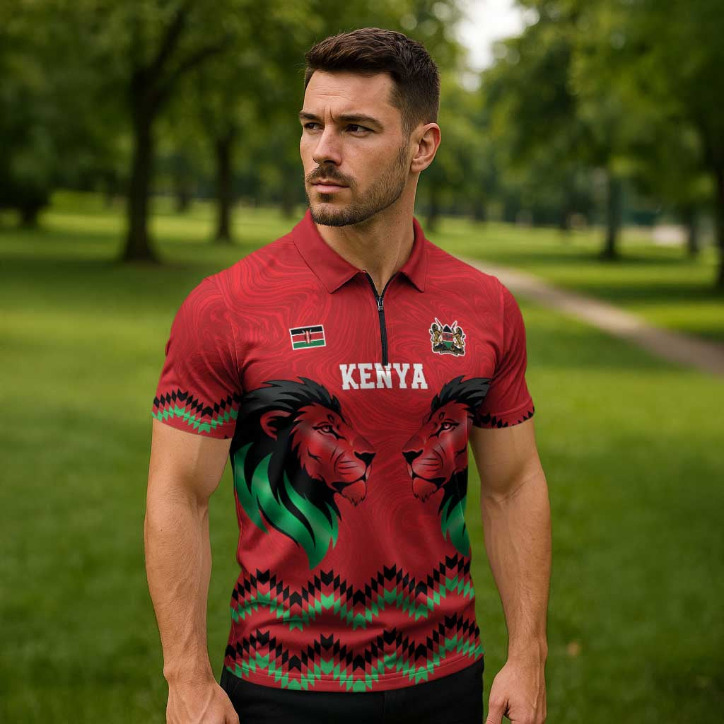 Kenya Cricket Custom Zipper Polo Shirt Red Lion Head with Kenyan Pattern - Wonder Print Shop
