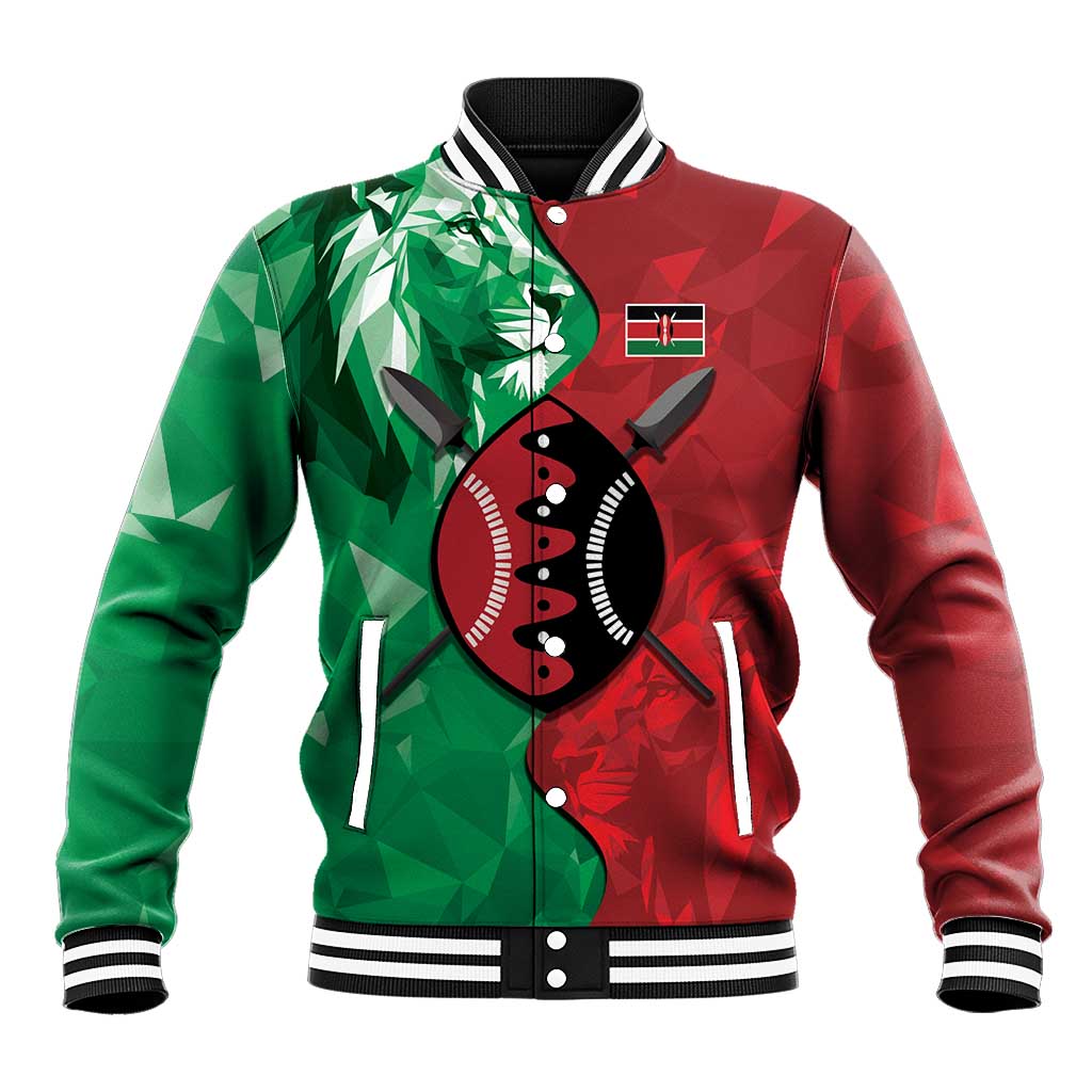 Personalized Kenya Maasai Shield Baseball Jacket Green Red Kenyan Lion Half Style - Wonder Print Shop