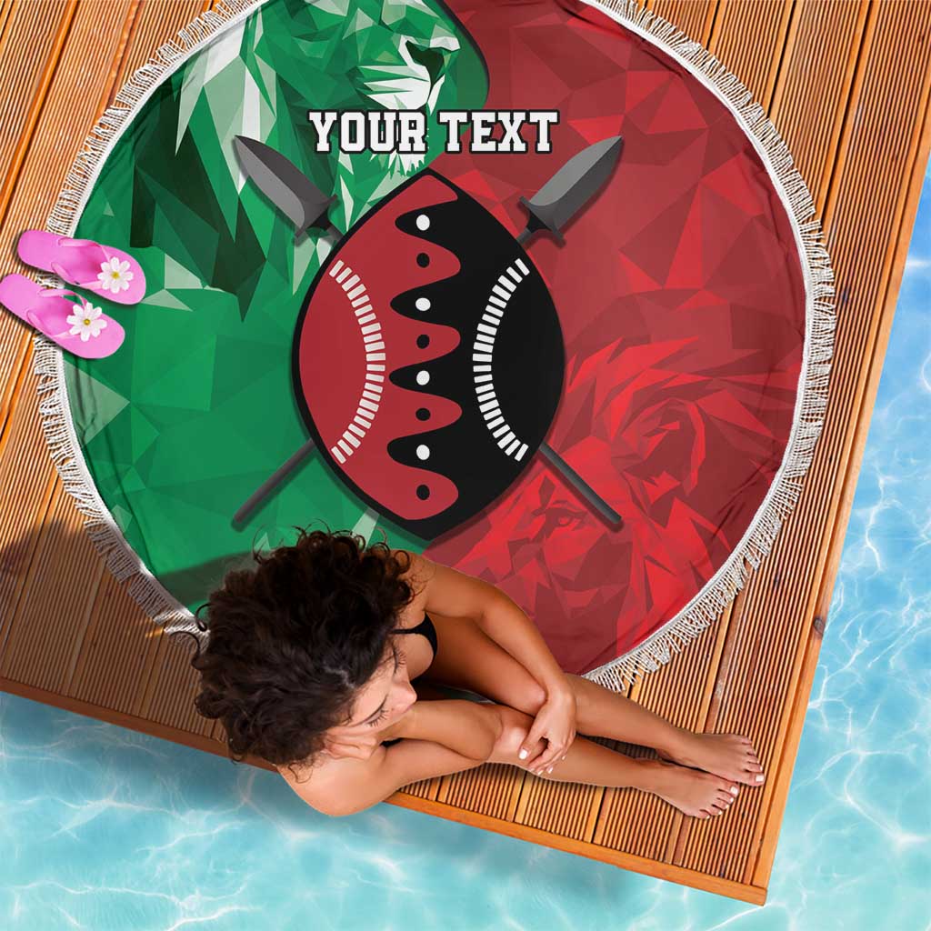 Personalized Kenya Maasai Shield Beach Blanket Green Red Kenyan Lion Half Style - Wonder Print Shop
