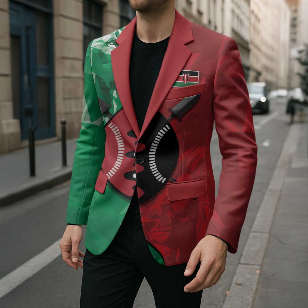 Personalized Kenya Maasai Shield Blazer Green Red Kenyan Lion Half Style - Wonder Print Shop