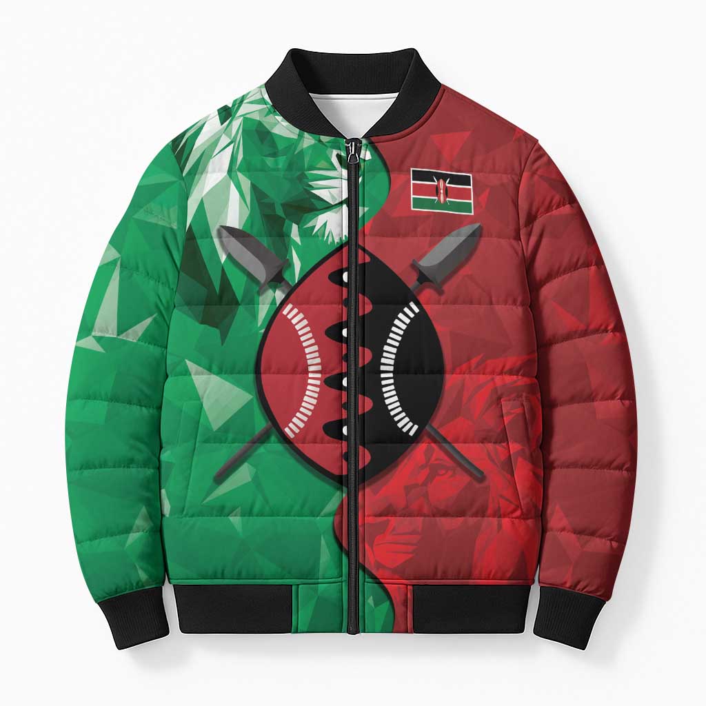 Personalized Kenya Maasai Shield Bomber Puffer Jacket Green Red Kenyan Lion Half Style - Wonder Print Shop