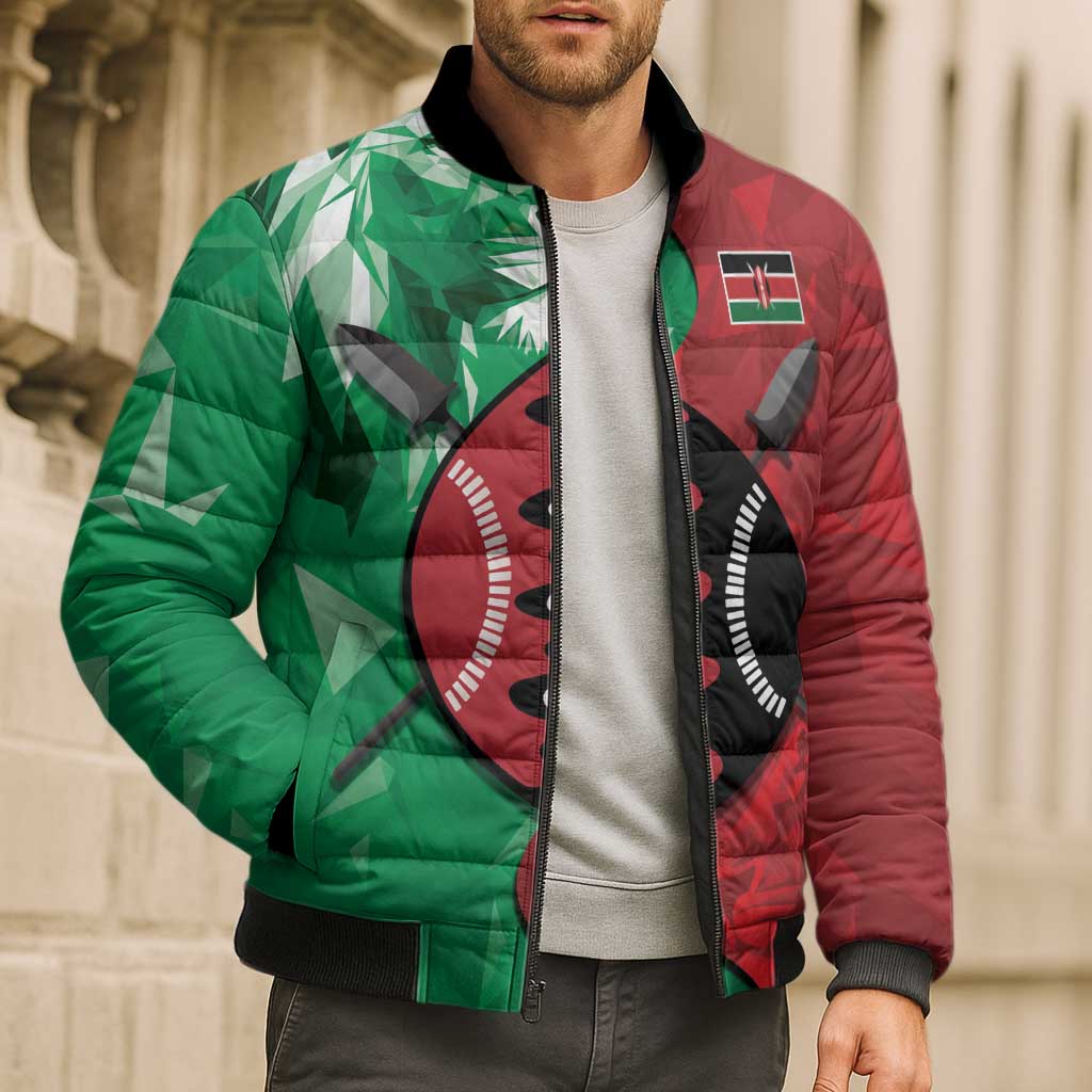 Personalized Kenya Maasai Shield Bomber Puffer Jacket Green Red Kenyan Lion Half Style - Wonder Print Shop