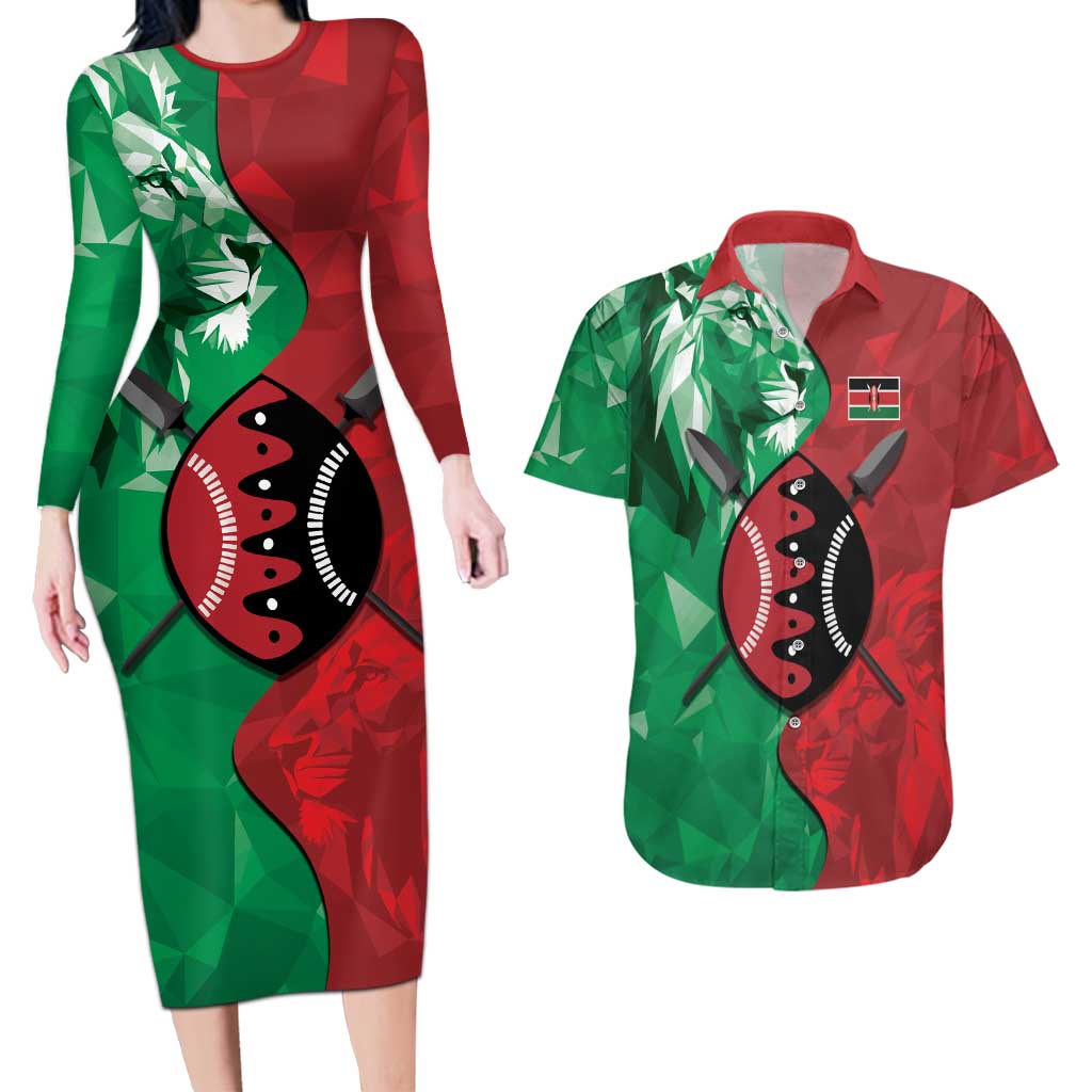 Personalized Kenya Maasai Shield Couples Matching Long Sleeve Bodycon Dress and Hawaiian Shirt Green Red Kenyan Lion Half Style - Wonder Print Shop