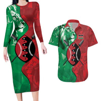 Personalized Kenya Maasai Shield Couples Matching Long Sleeve Bodycon Dress and Hawaiian Shirt Green Red Kenyan Lion Half Style - Wonder Print Shop