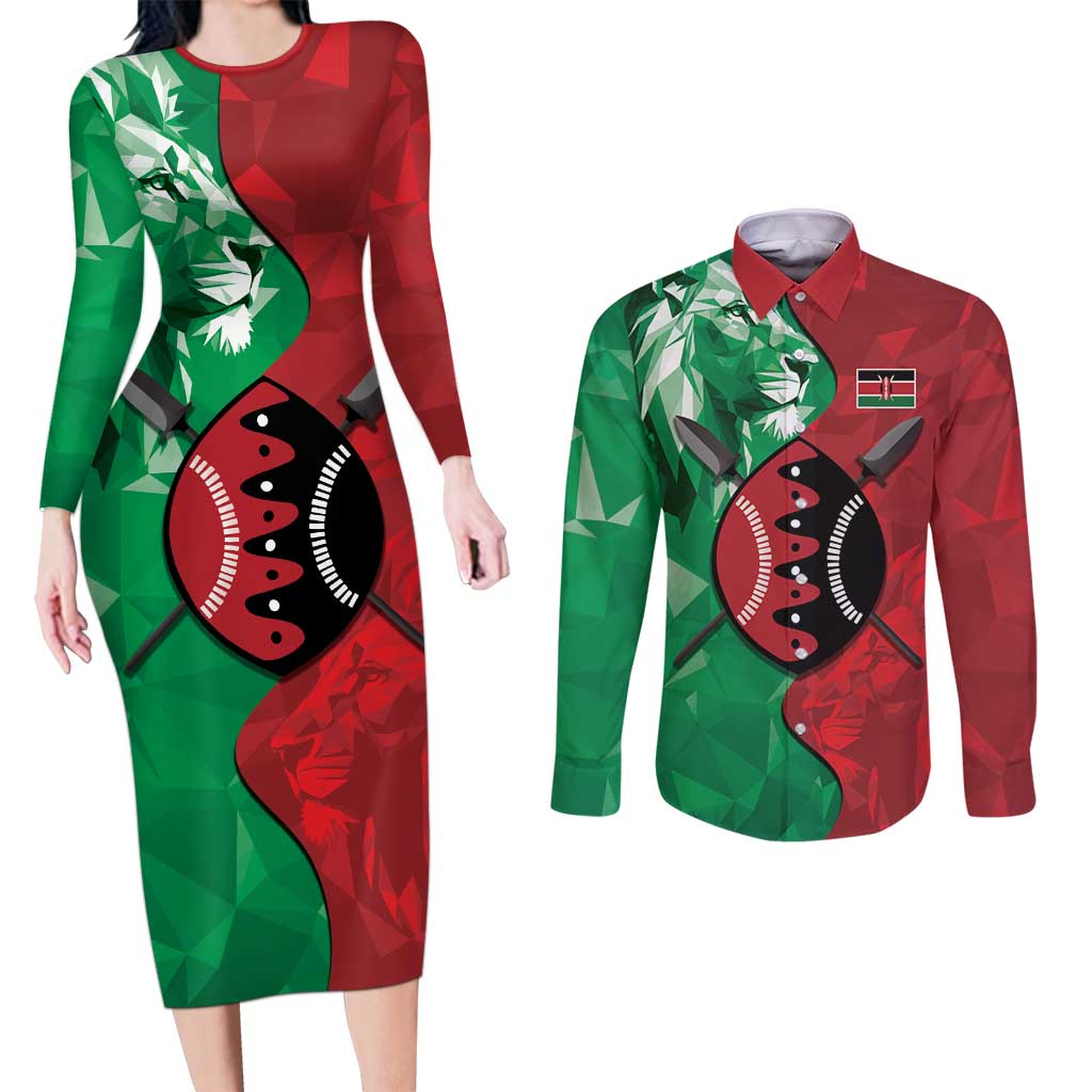 Personalized Kenya Maasai Shield Couples Matching Long Sleeve Bodycon Dress and Long Sleeve Button Shirt Green Red Kenyan Lion Half Style - Wonder Print Shop