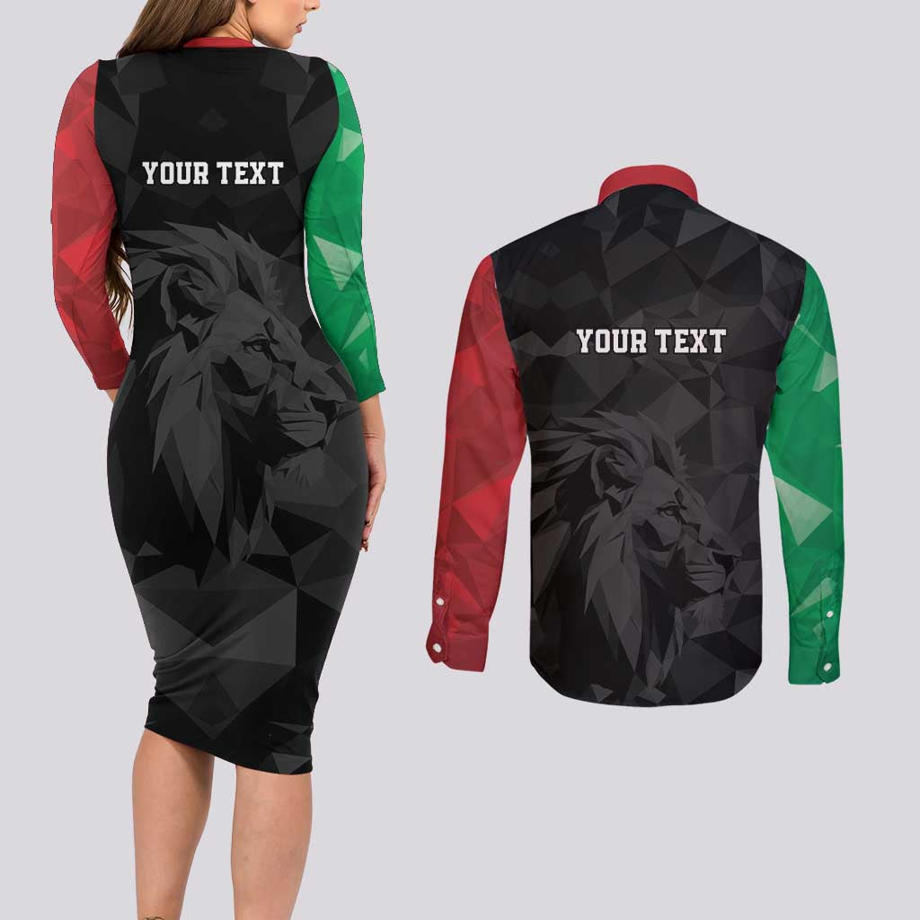 Personalized Kenya Maasai Shield Couples Matching Long Sleeve Bodycon Dress and Long Sleeve Button Shirt Green Red Kenyan Lion Half Style - Wonder Print Shop