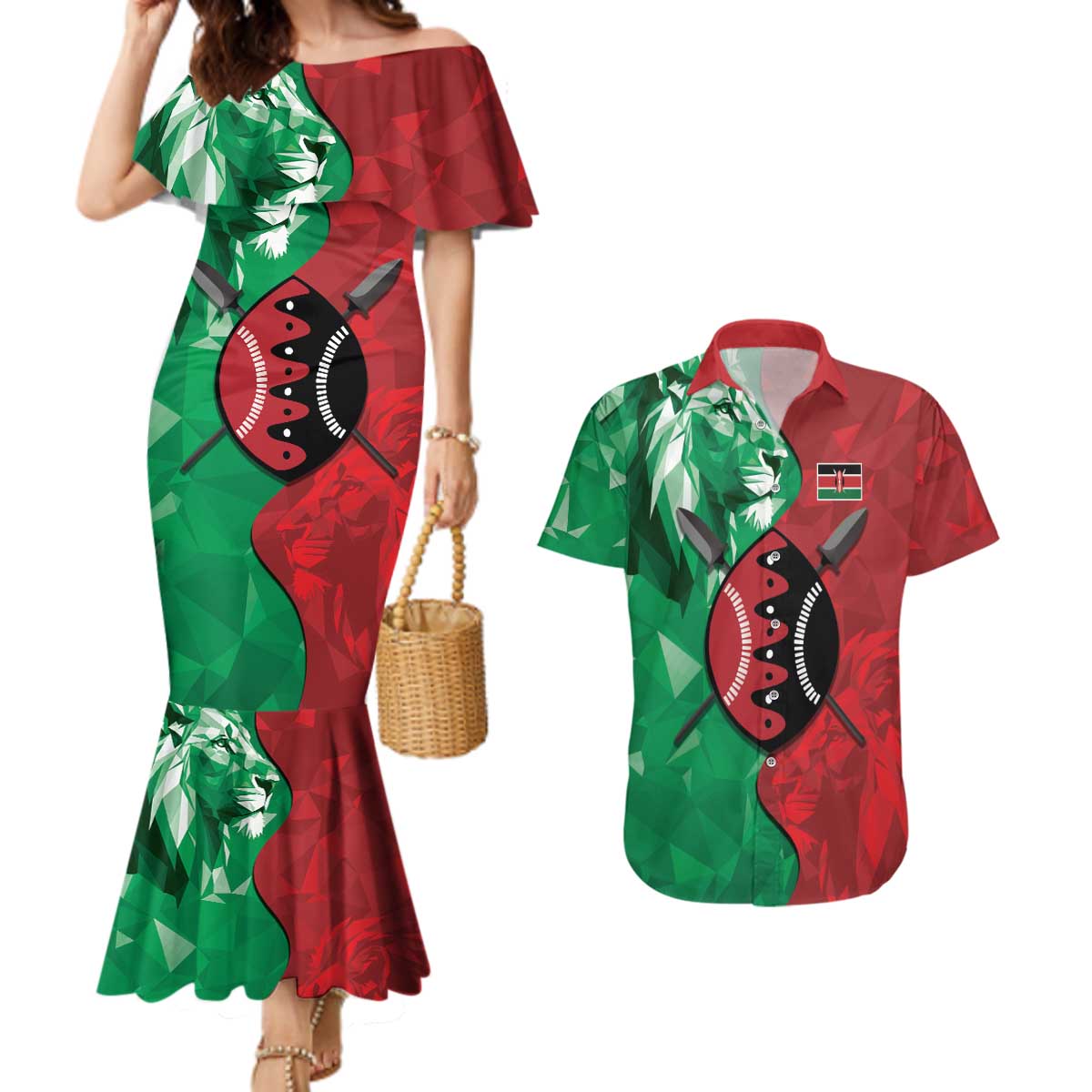 Personalized Kenya Maasai Shield Couples Matching Mermaid Dress and Hawaiian Shirt Green Red Kenyan Lion Half Style - Wonder Print Shop