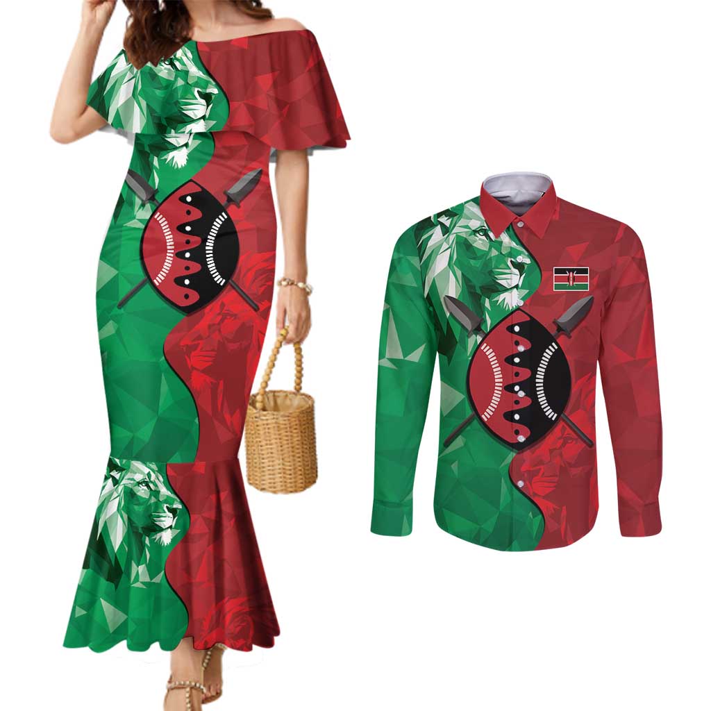 Personalized Kenya Maasai Shield Couples Matching Mermaid Dress and Long Sleeve Button Shirt Green Red Kenyan Lion Half Style - Wonder Print Shop