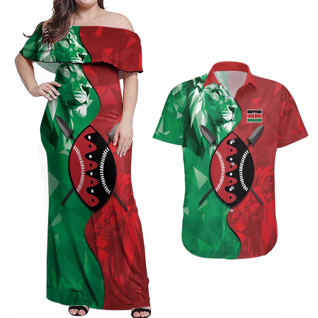 Personalized Kenya Maasai Shield Couples Matching Off Shoulder Maxi Dress and Hawaiian Shirt Green Red Kenyan Lion Half Style - Wonder Print Shop
