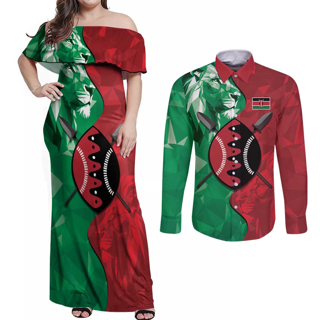 Personalized Kenya Maasai Shield Couples Matching Off Shoulder Maxi Dress and Long Sleeve Button Shirt Green Red Kenyan Lion Half Style - Wonder Print Shop