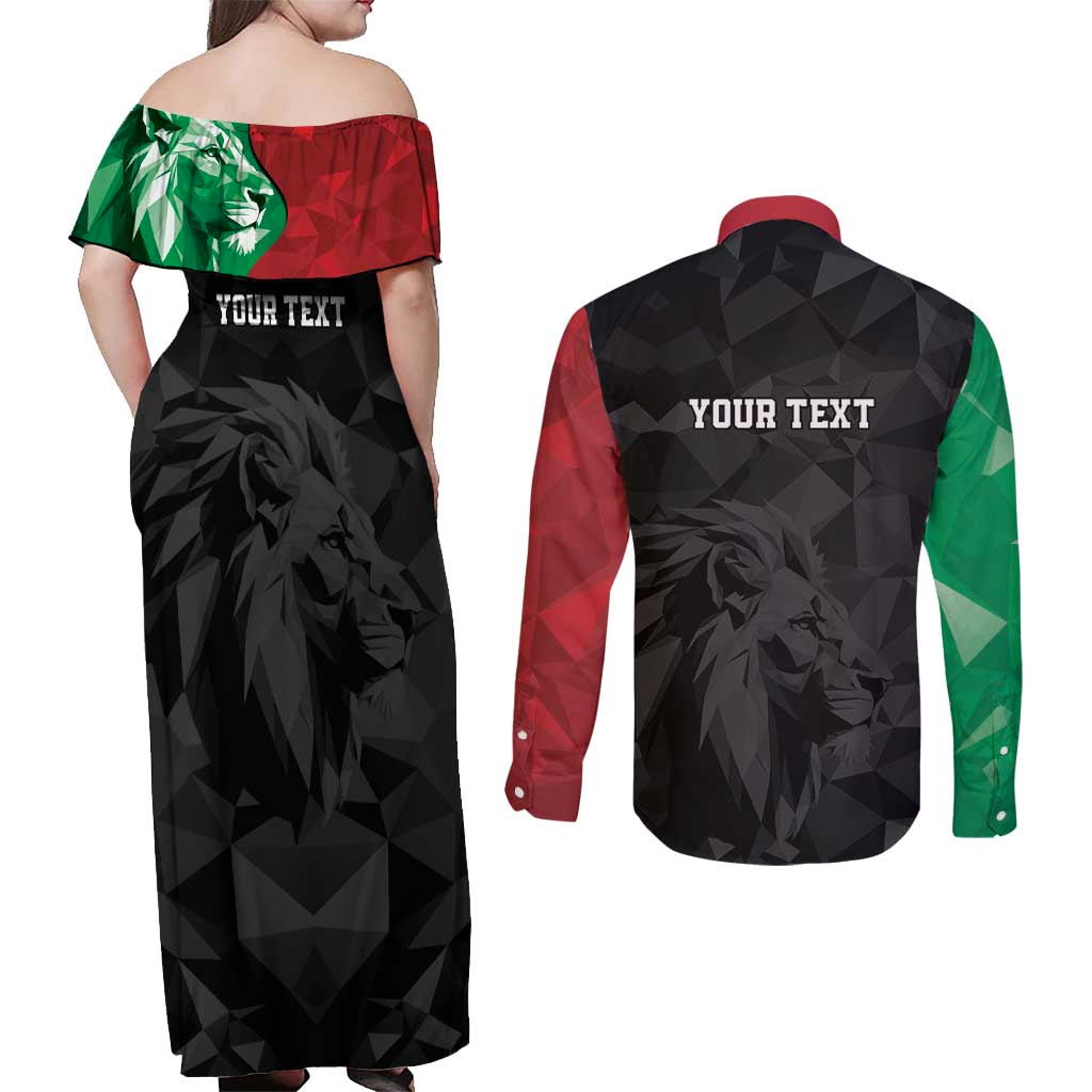 Personalized Kenya Maasai Shield Couples Matching Off Shoulder Maxi Dress and Long Sleeve Button Shirt Green Red Kenyan Lion Half Style - Wonder Print Shop