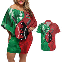 Personalized Kenya Maasai Shield Couples Matching Off Shoulder Short Dress and Hawaiian Shirt Green Red Kenyan Lion Half Style - Wonder Print Shop