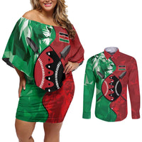 Personalized Kenya Maasai Shield Couples Matching Off Shoulder Short Dress and Long Sleeve Button Shirt Green Red Kenyan Lion Half Style - Wonder Print Shop