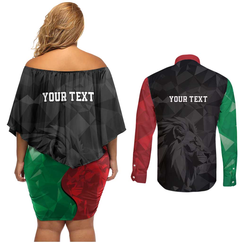 Personalized Kenya Maasai Shield Couples Matching Off Shoulder Short Dress and Long Sleeve Button Shirt Green Red Kenyan Lion Half Style - Wonder Print Shop