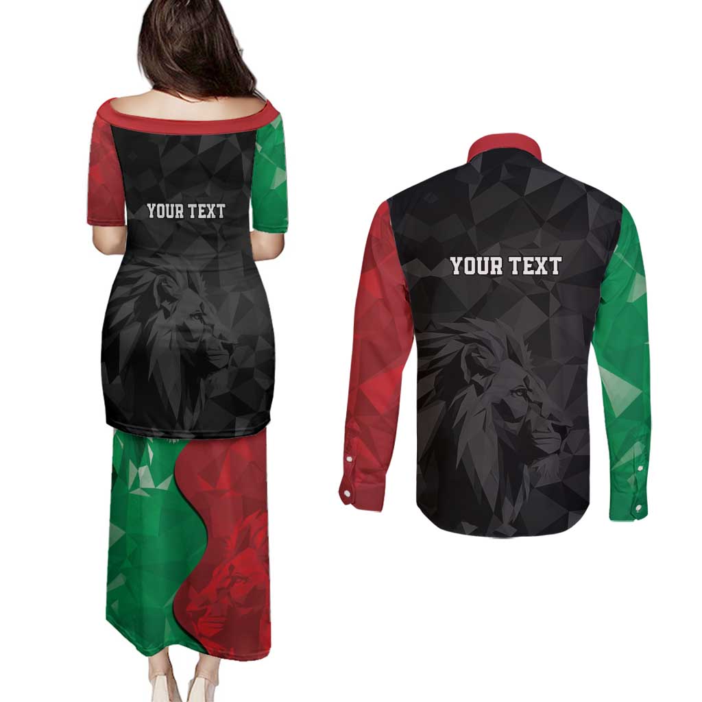 Personalized Kenya Maasai Shield Couples Matching Puletasi and Long Sleeve Button Shirt Green Red Kenyan Lion Half Style - Wonder Print Shop