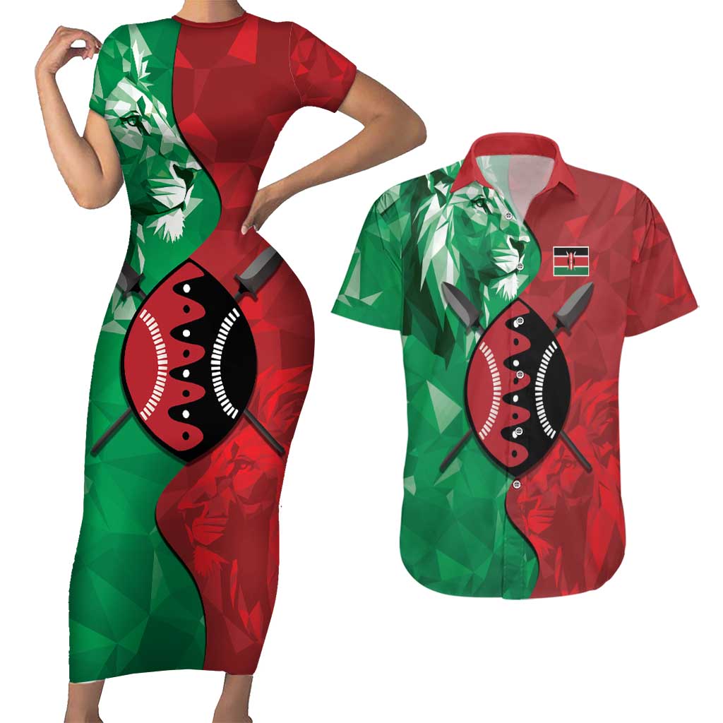 Personalized Kenya Maasai Shield Couples Matching Short Sleeve Bodycon Dress and Hawaiian Shirt Green Red Kenyan Lion Half Style - Wonder Print Shop