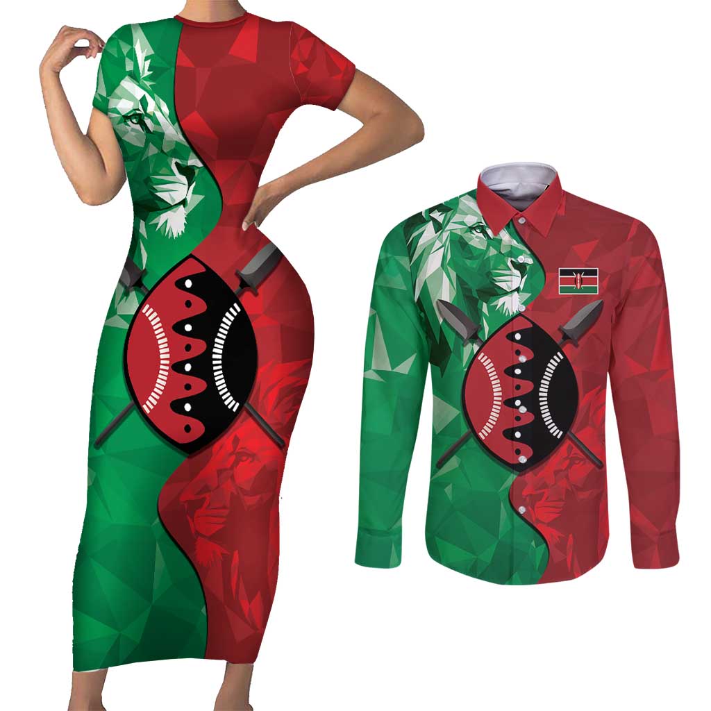 Personalized Kenya Maasai Shield Couples Matching Short Sleeve Bodycon Dress and Long Sleeve Button Shirt Green Red Kenyan Lion Half Style - Wonder Print Shop