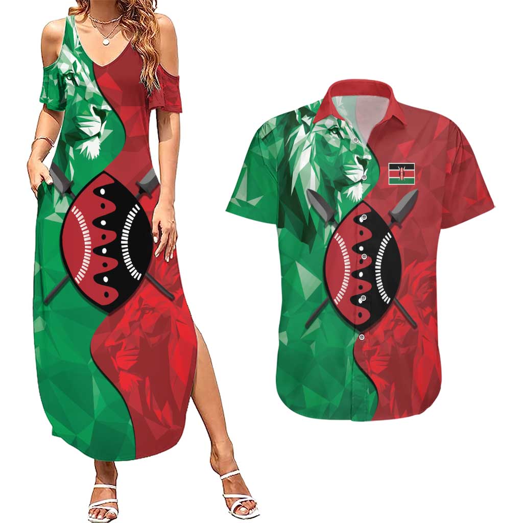 Personalized Kenya Maasai Shield Couples Matching Summer Maxi Dress and Hawaiian Shirt Green Red Kenyan Lion Half Style - Wonder Print Shop