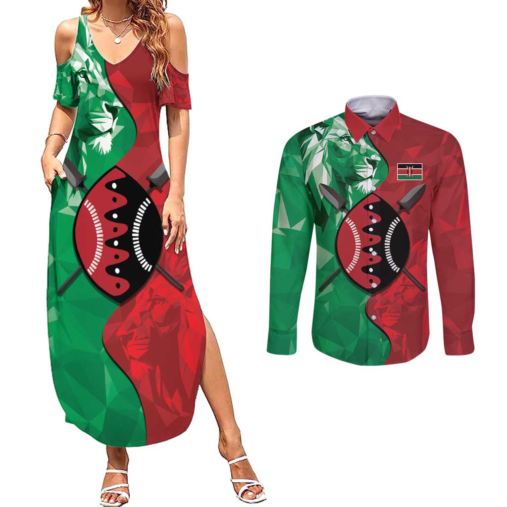 Personalized Kenya Maasai Shield Couples Matching Summer Maxi Dress and Long Sleeve Button Shirt Green Red Kenyan Lion Half Style - Wonder Print Shop