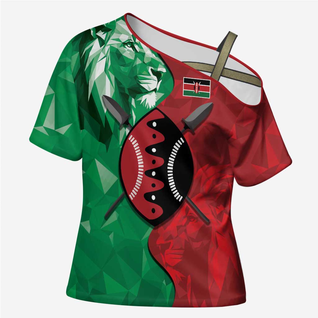 Personalized Kenya Maasai Shield Cross Shoulder Shirt Green Red Kenyan Lion Half Style - Wonder Print Shop