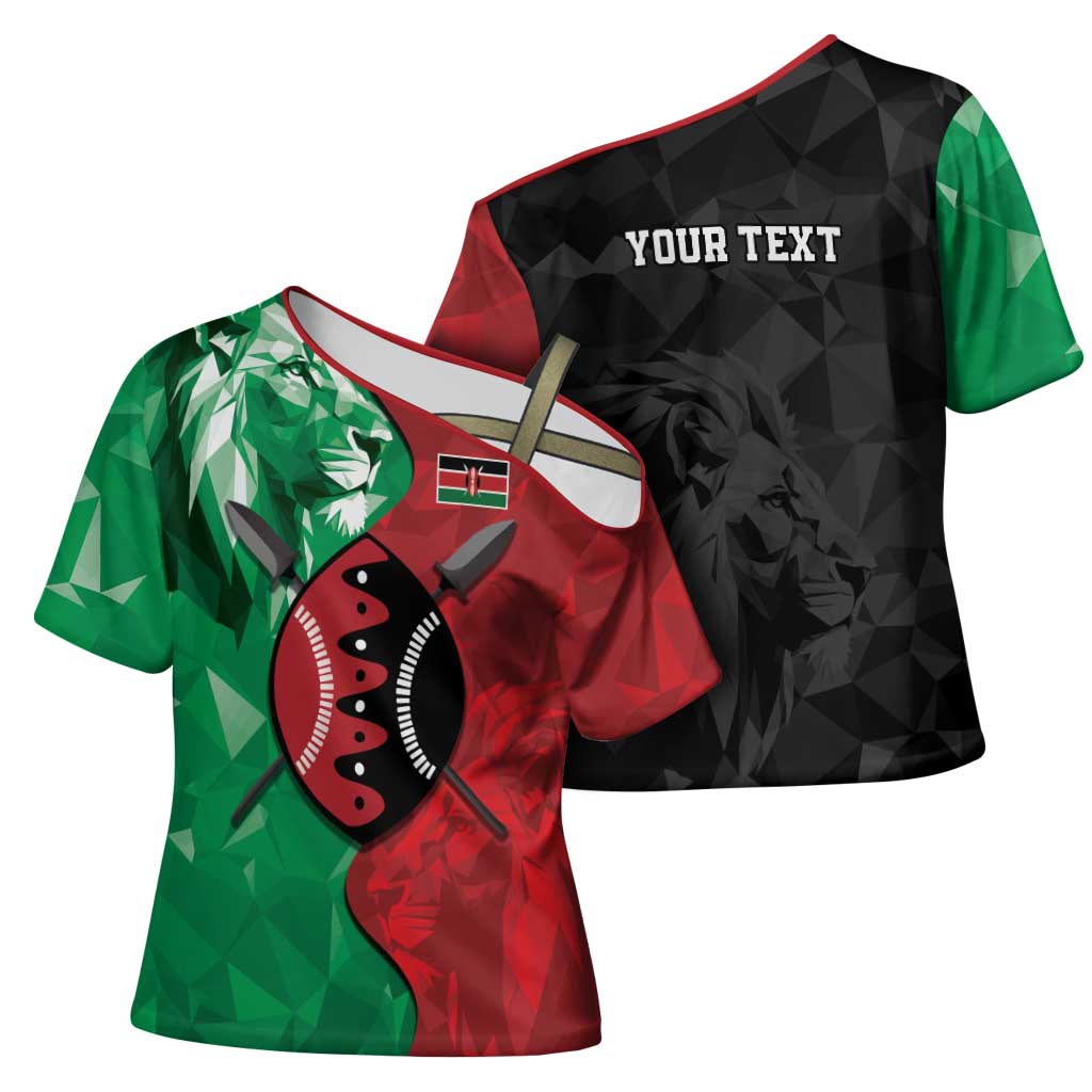 Personalized Kenya Maasai Shield Cross Shoulder Shirt Green Red Kenyan Lion Half Style - Wonder Print Shop