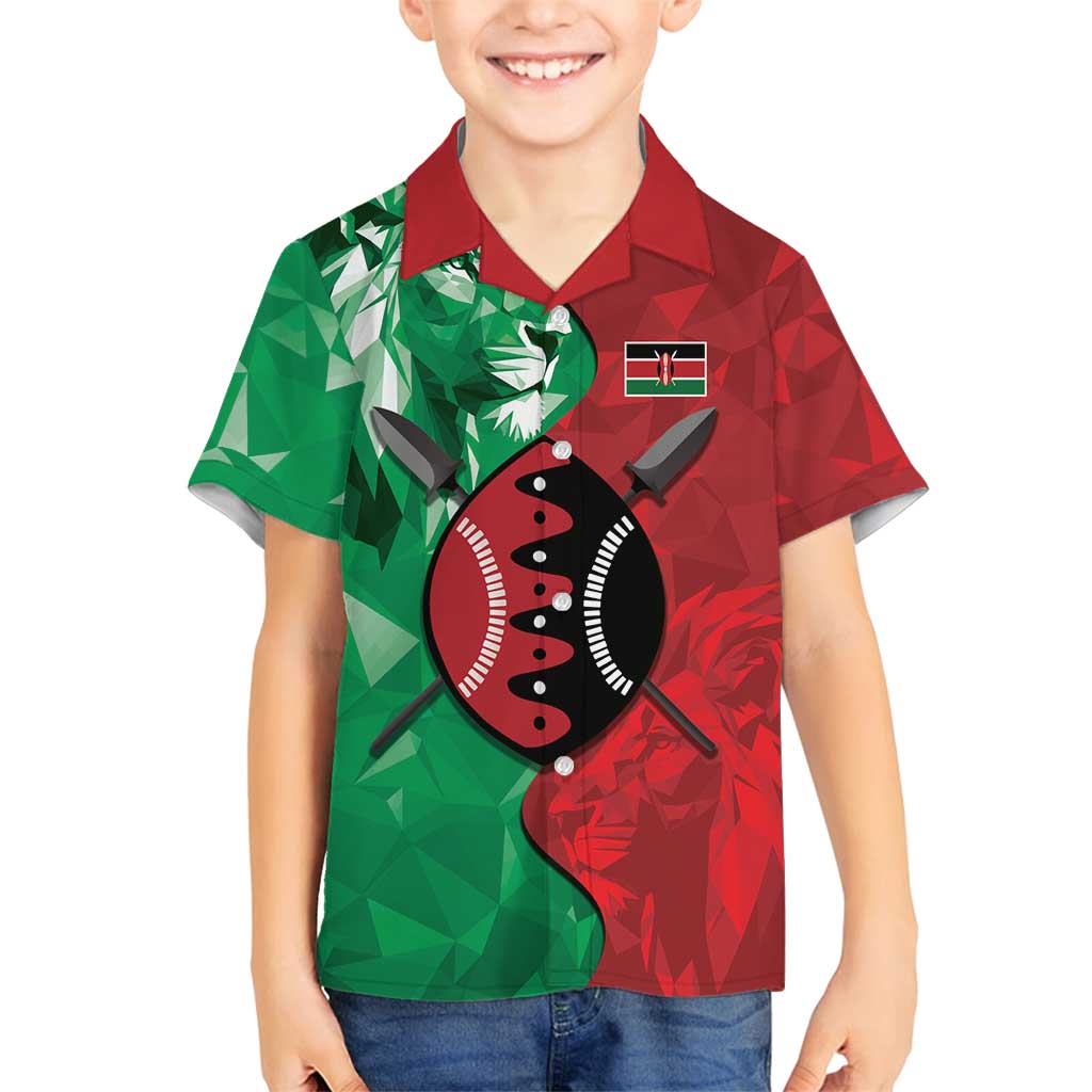 Personalized Kenya Maasai Shield Family Matching Long Sleeve Bodycon Dress and Hawaiian Shirt Green Red Kenyan Lion Half Style - Wonder Print Shop