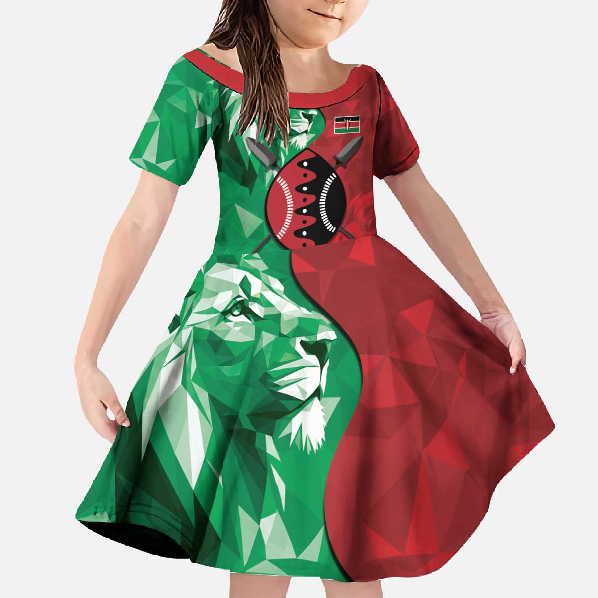 Personalized Kenya Maasai Shield Family Matching Off The Shoulder Long Sleeve Dress and Hawaiian Shirt Green Red Kenyan Lion Half Style - Wonder Print Shop