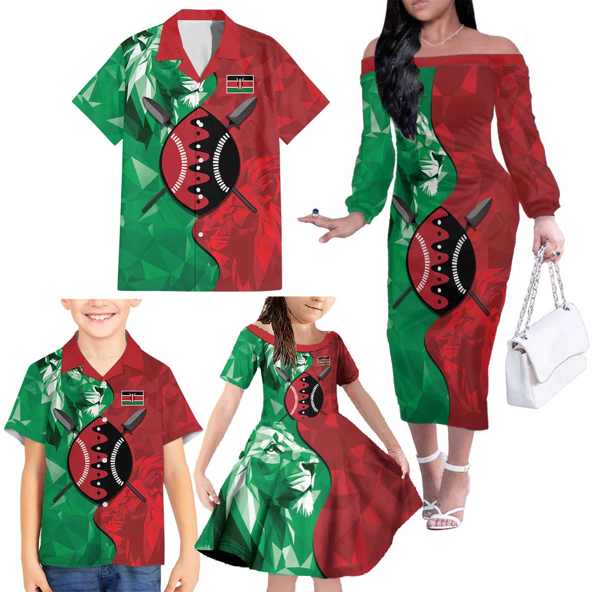 Personalized Kenya Maasai Shield Family Matching Off The Shoulder Long Sleeve Dress and Hawaiian Shirt Green Red Kenyan Lion Half Style - Wonder Print Shop
