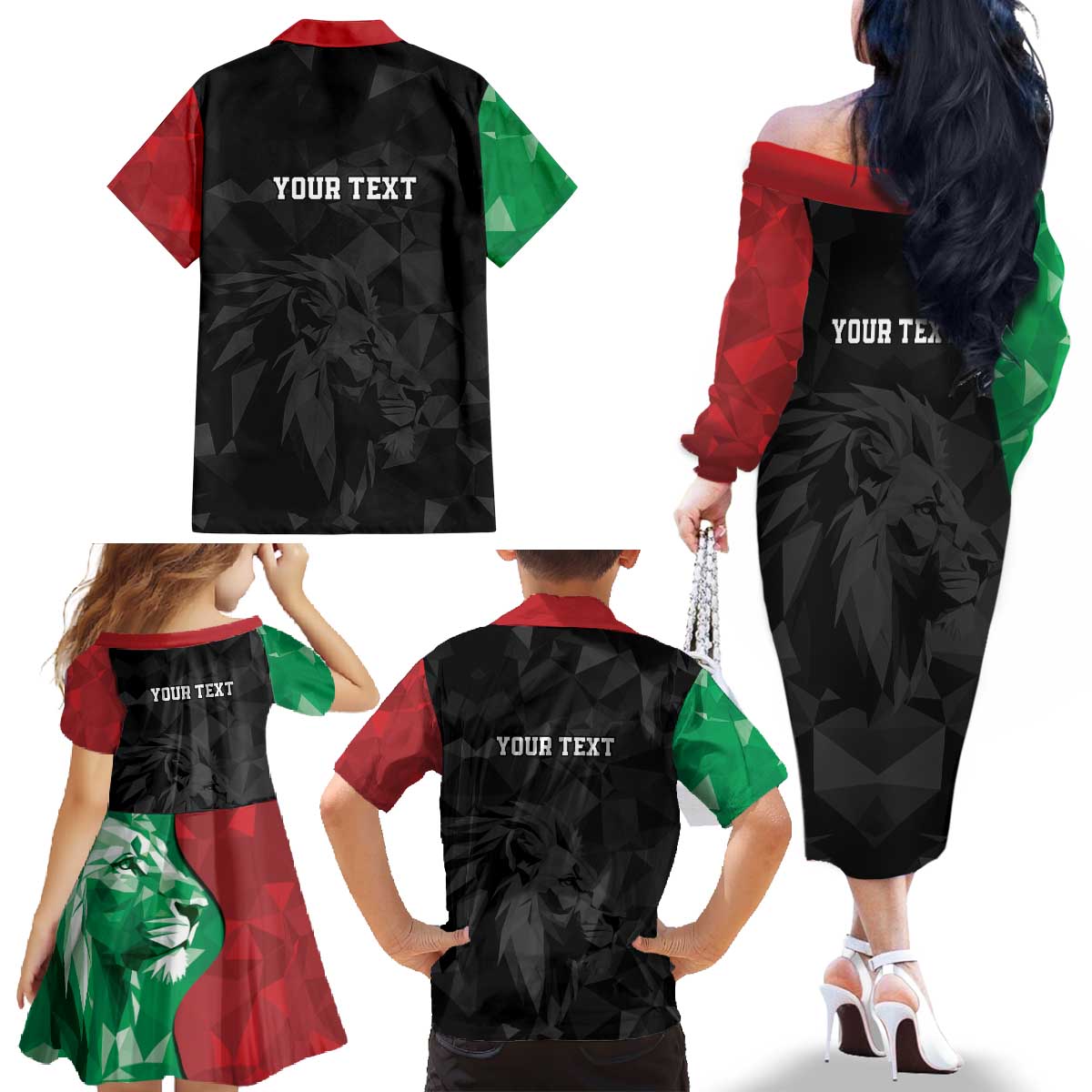 Personalized Kenya Maasai Shield Family Matching Off The Shoulder Long Sleeve Dress and Hawaiian Shirt Green Red Kenyan Lion Half Style - Wonder Print Shop
