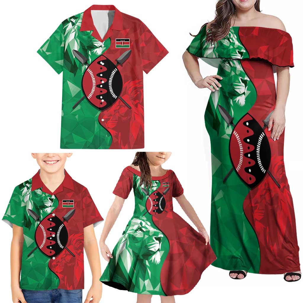 Personalized Kenya Maasai Shield Family Matching Off Shoulder Maxi Dress and Hawaiian Shirt Green Red Kenyan Lion Half Style - Wonder Print Shop