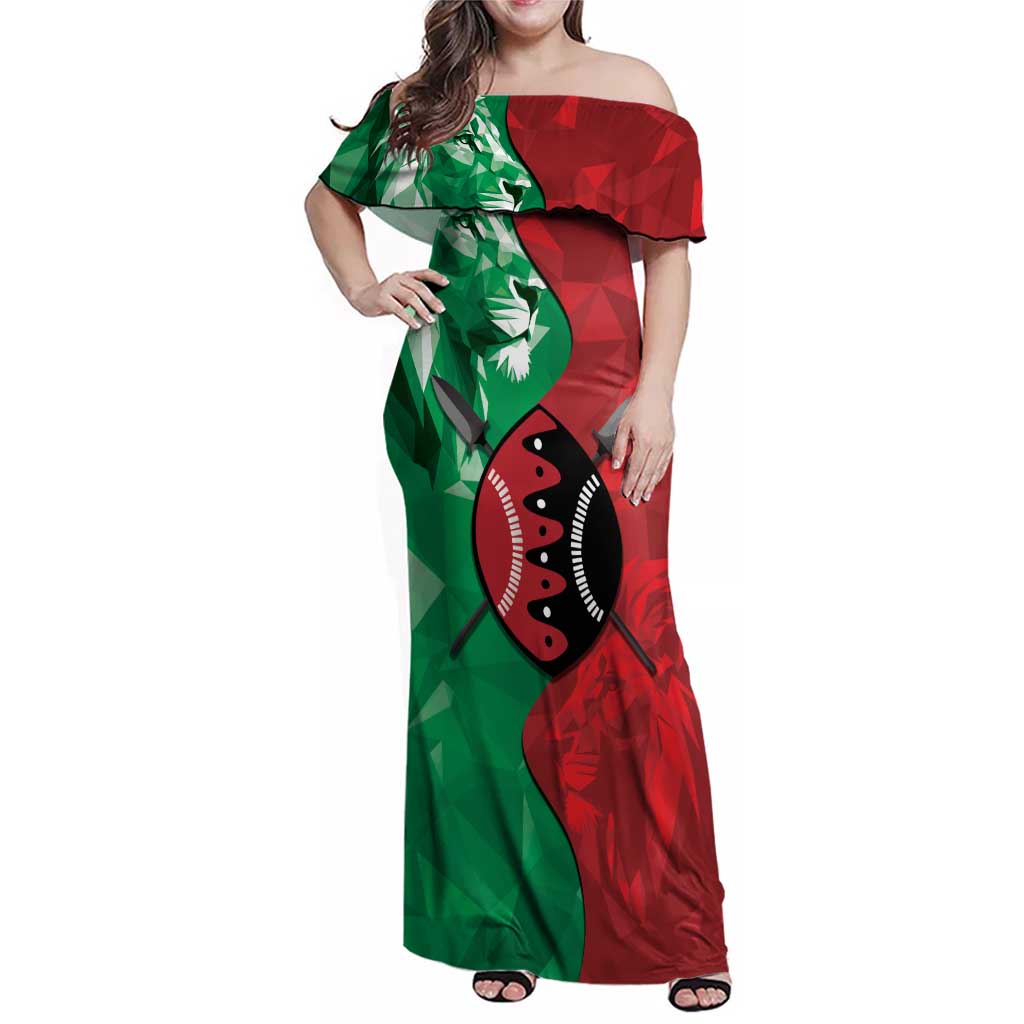 Personalized Kenya Maasai Shield Family Matching Off Shoulder Maxi Dress and Hawaiian Shirt Green Red Kenyan Lion Half Style - Wonder Print Shop