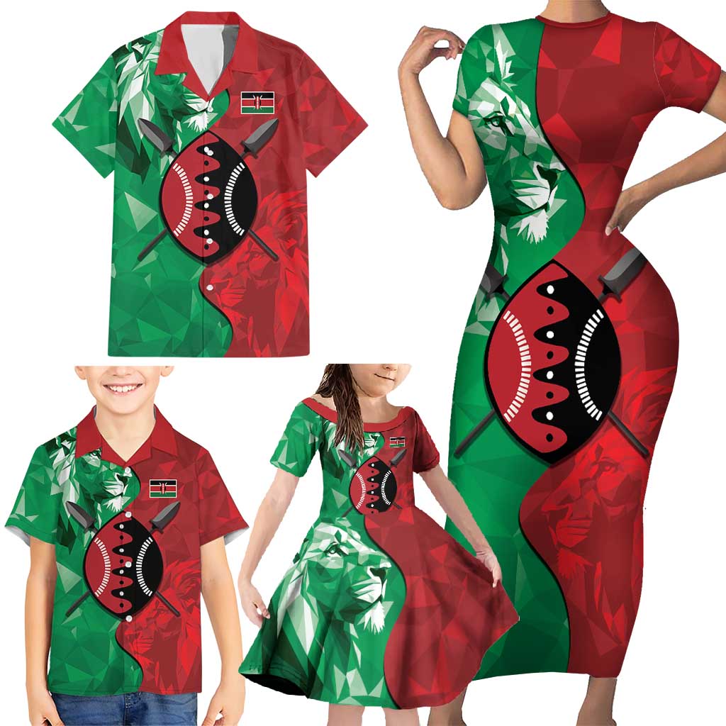 Personalized Kenya Maasai Shield Family Matching Short Sleeve Bodycon Dress and Hawaiian Shirt Green Red Kenyan Lion Half Style - Wonder Print Shop