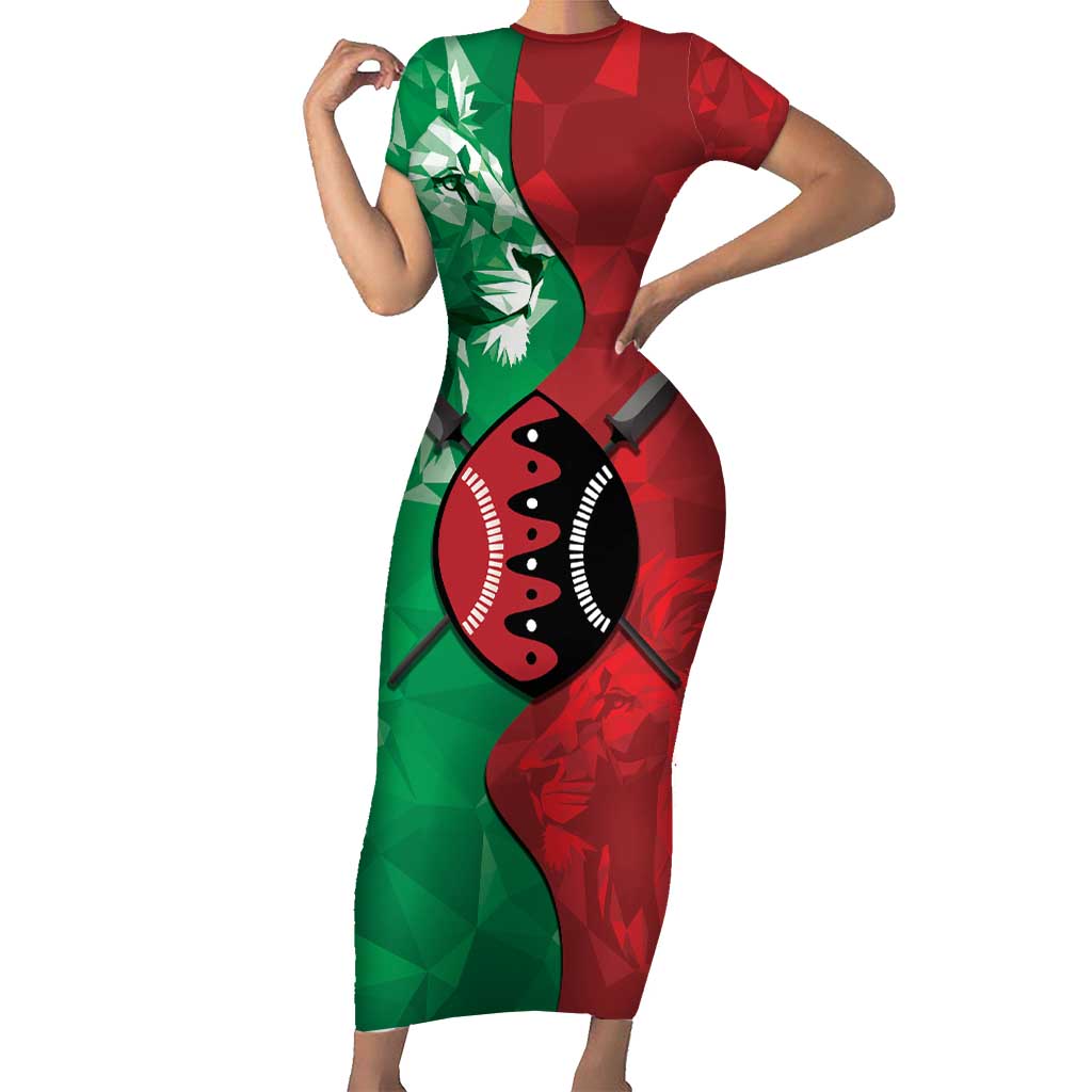 Personalized Kenya Maasai Shield Family Matching Short Sleeve Bodycon Dress and Hawaiian Shirt Green Red Kenyan Lion Half Style - Wonder Print Shop