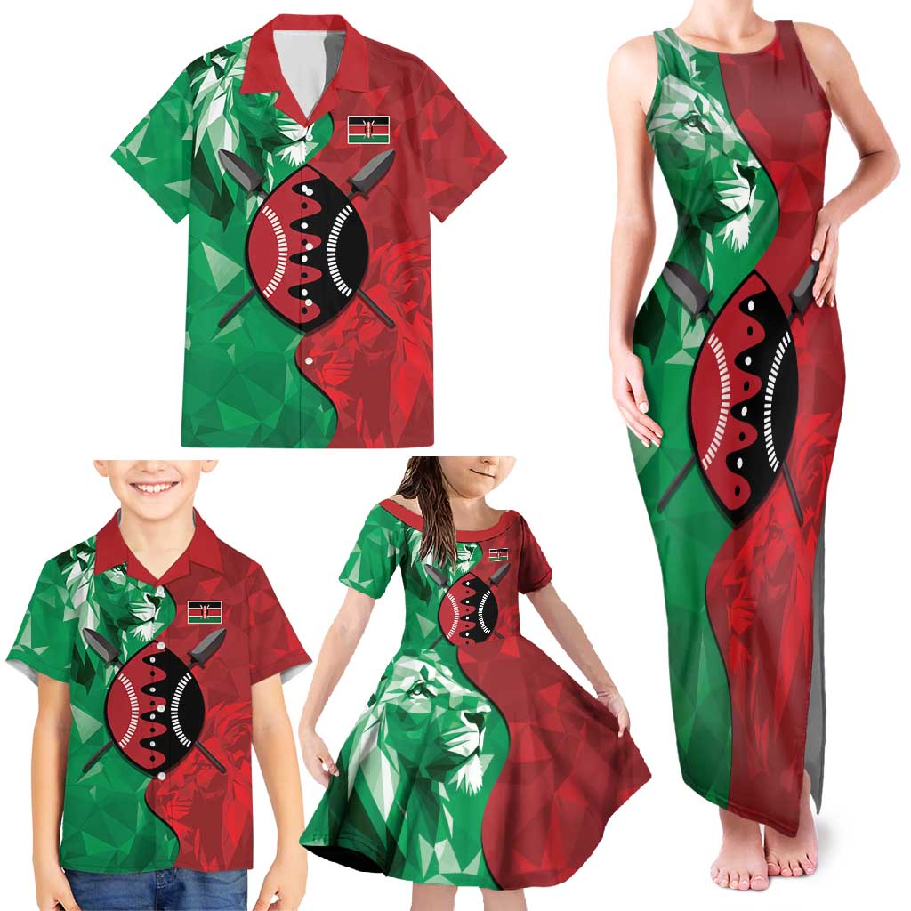 Personalized Kenya Maasai Shield Family Matching Tank Maxi Dress and Hawaiian Shirt Green Red Kenyan Lion Half Style - Wonder Print Shop