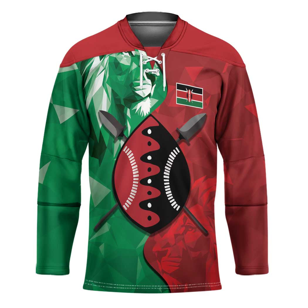 Personalized Kenya Maasai Shield Hockey Jersey Green Red Kenyan Lion Half Style - Wonder Print Shop