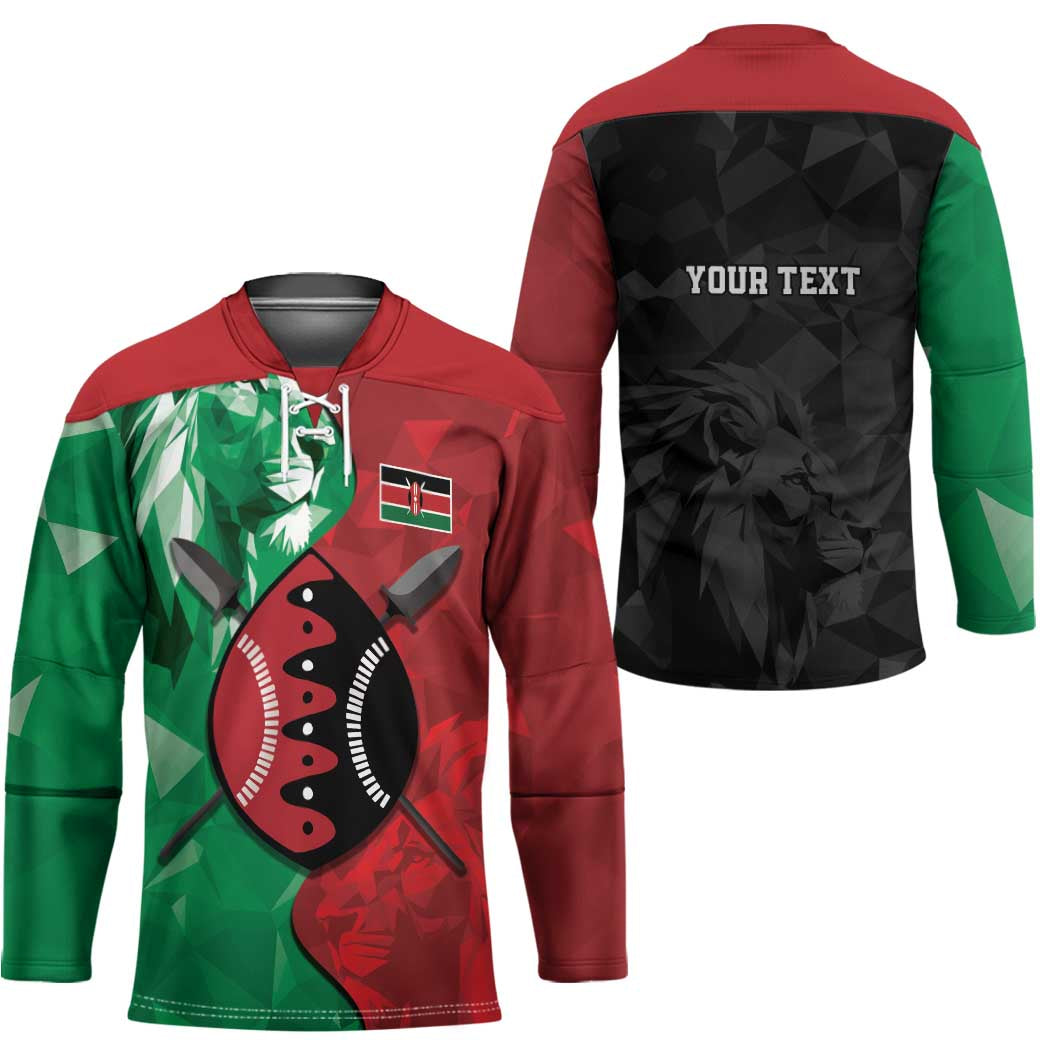 Personalized Kenya Maasai Shield Hockey Jersey Green Red Kenyan Lion Half Style - Wonder Print Shop
