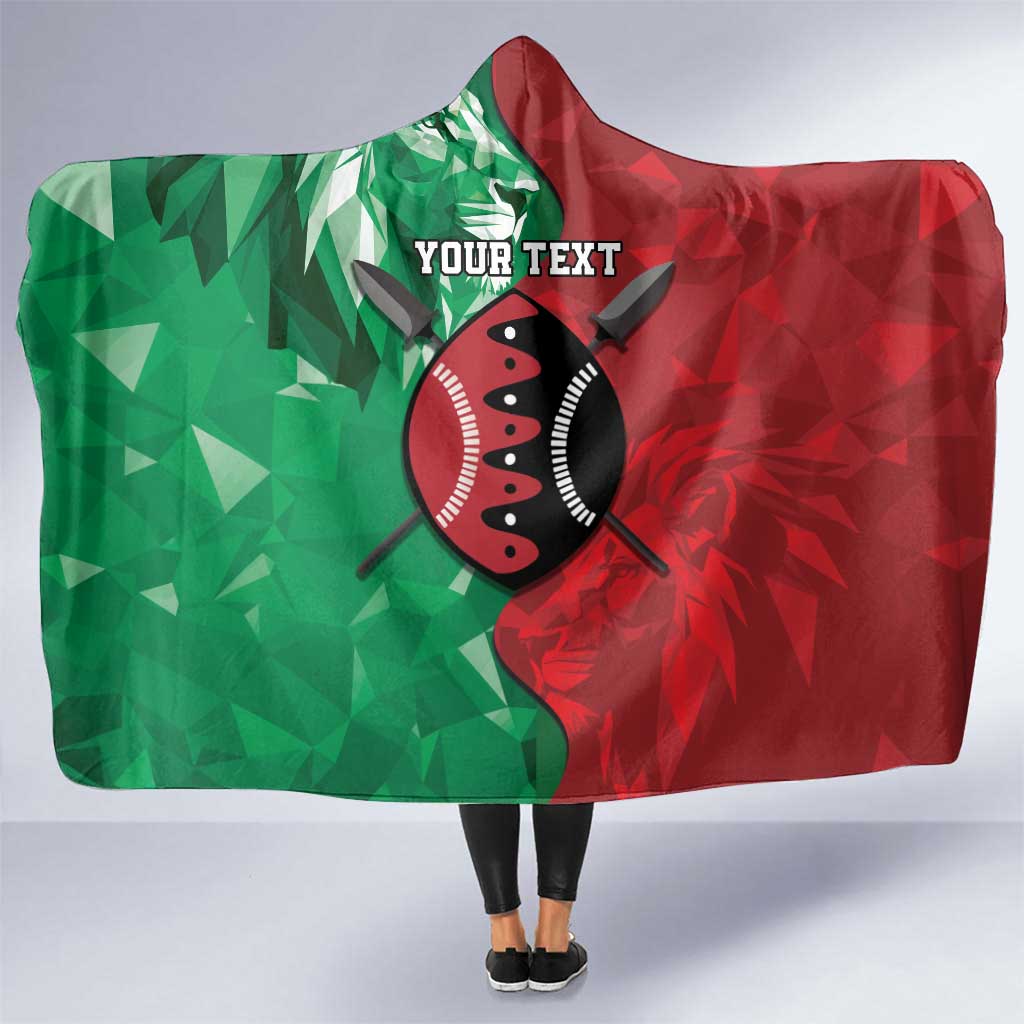 Personalized Kenya Maasai Shield Hooded Blanket Green Red Kenyan Lion Half Style - Wonder Print Shop
