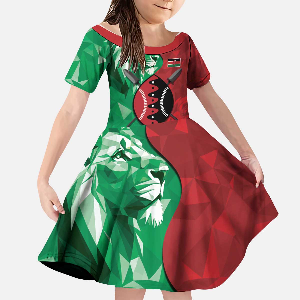Personalized Kenya Maasai Shield Kid Short Sleeve Dress Green Red Kenyan Lion Half Style - Wonder Print Shop
