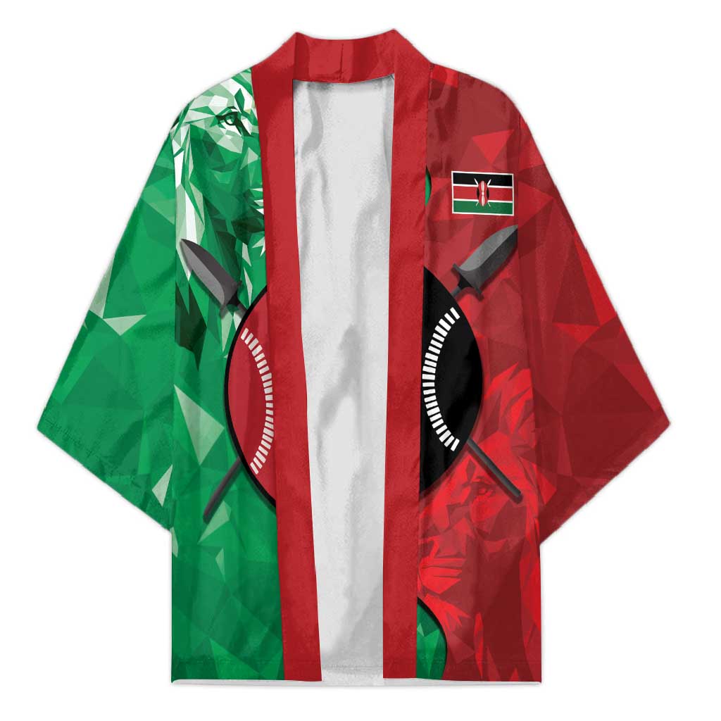 Personalized Kenya Maasai Shield Kimono Green Red Kenyan Lion Half Style - Wonder Print Shop