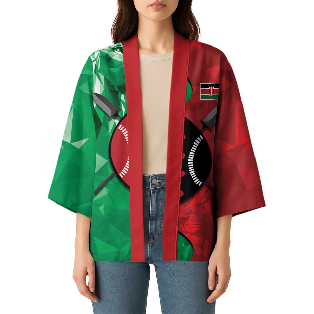 Personalized Kenya Maasai Shield Kimono Green Red Kenyan Lion Half Style - Wonder Print Shop
