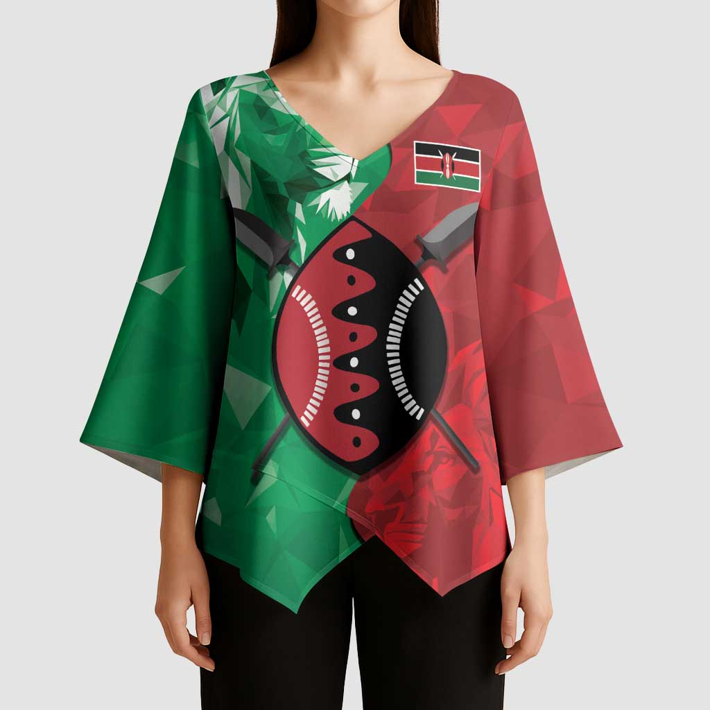 Personalized Kenya Maasai Shield Kimono Sleeve Blouse Green Red Kenyan Lion Half Style - Wonder Print Shop