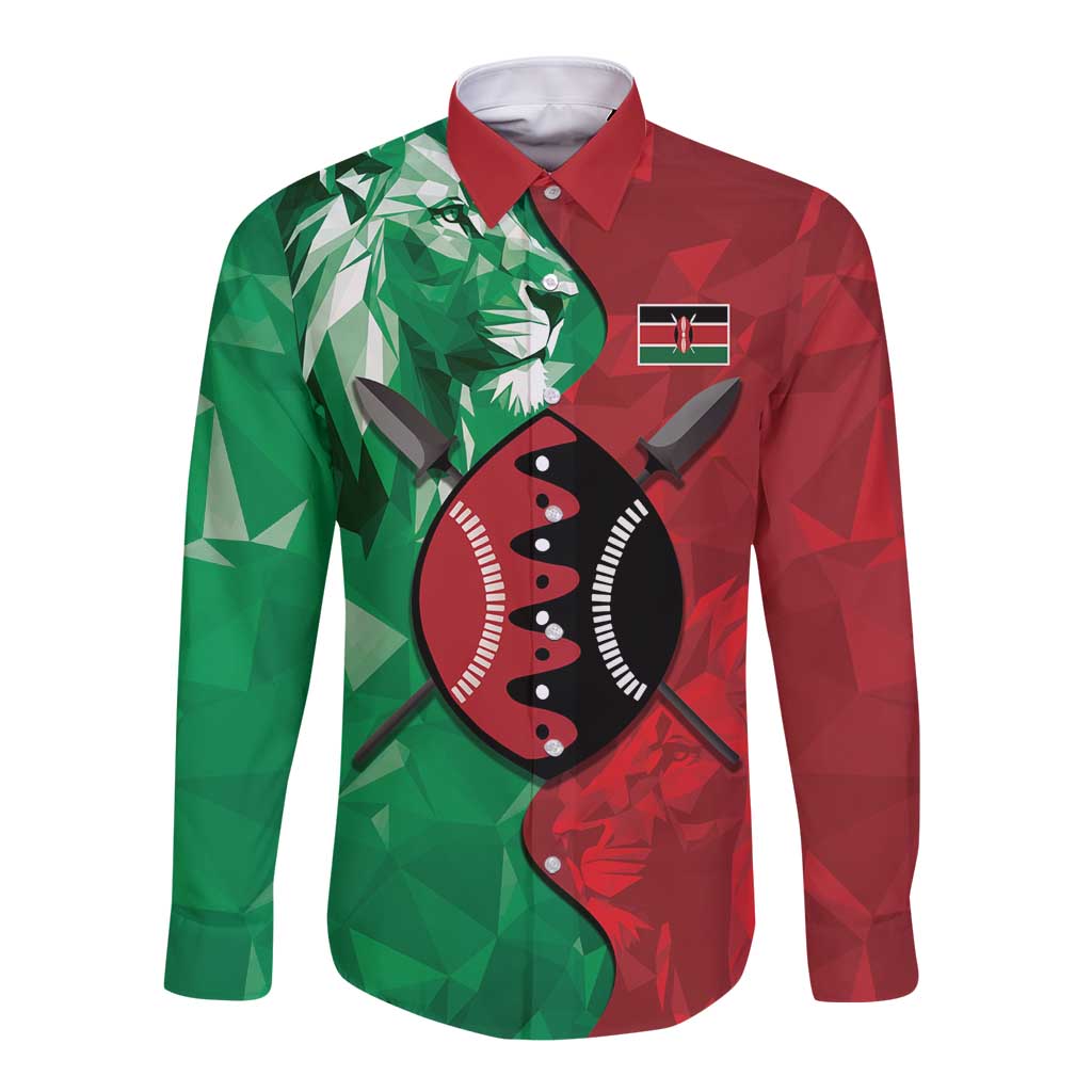Personalized Kenya Maasai Shield Long Sleeve Button Shirt Green Red Kenyan Lion Half Style - Wonder Print Shop