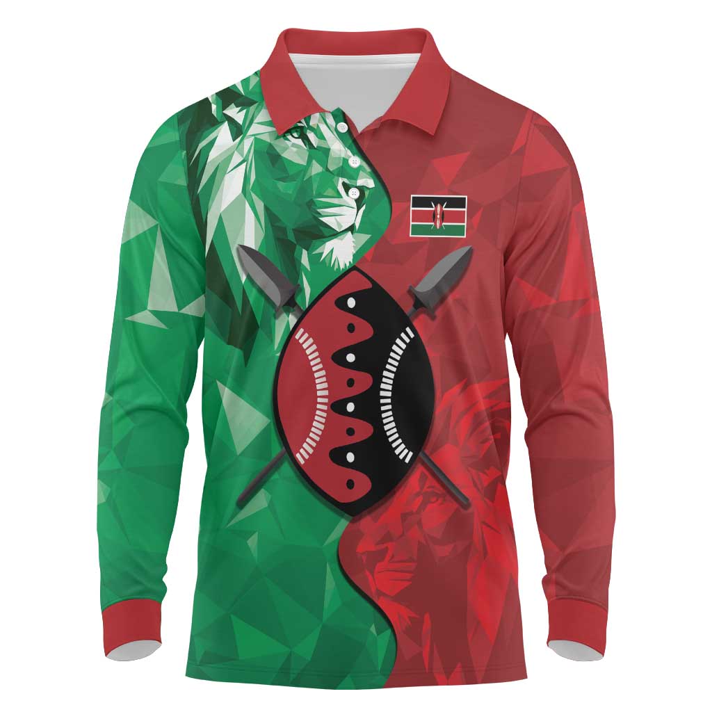 Personalized Kenya Maasai Shield Long Sleeve Polo Shirt Green Red Kenyan Lion Half Style - Wonder Print Shop