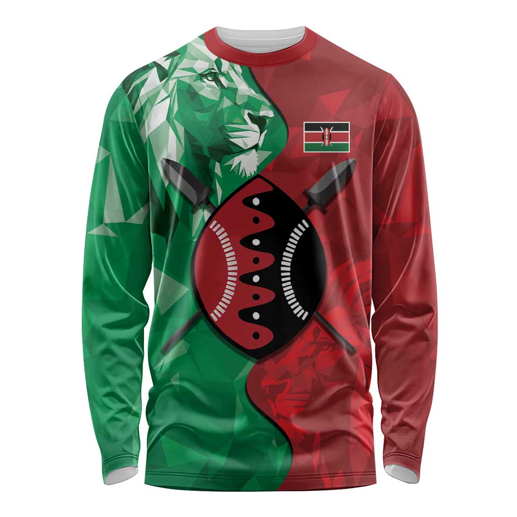 Personalized Kenya Maasai Shield Long Sleeve Shirt Green Red Kenyan Lion Half Style - Wonder Print Shop